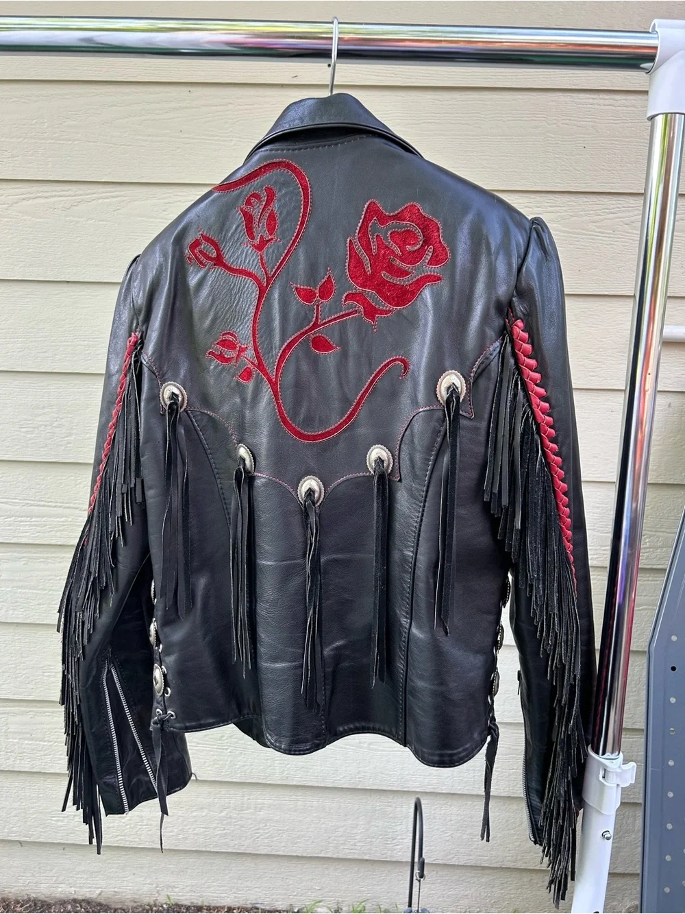 Black Leather Jacket with Red Embroidered Accents - Picture 2 of 6
